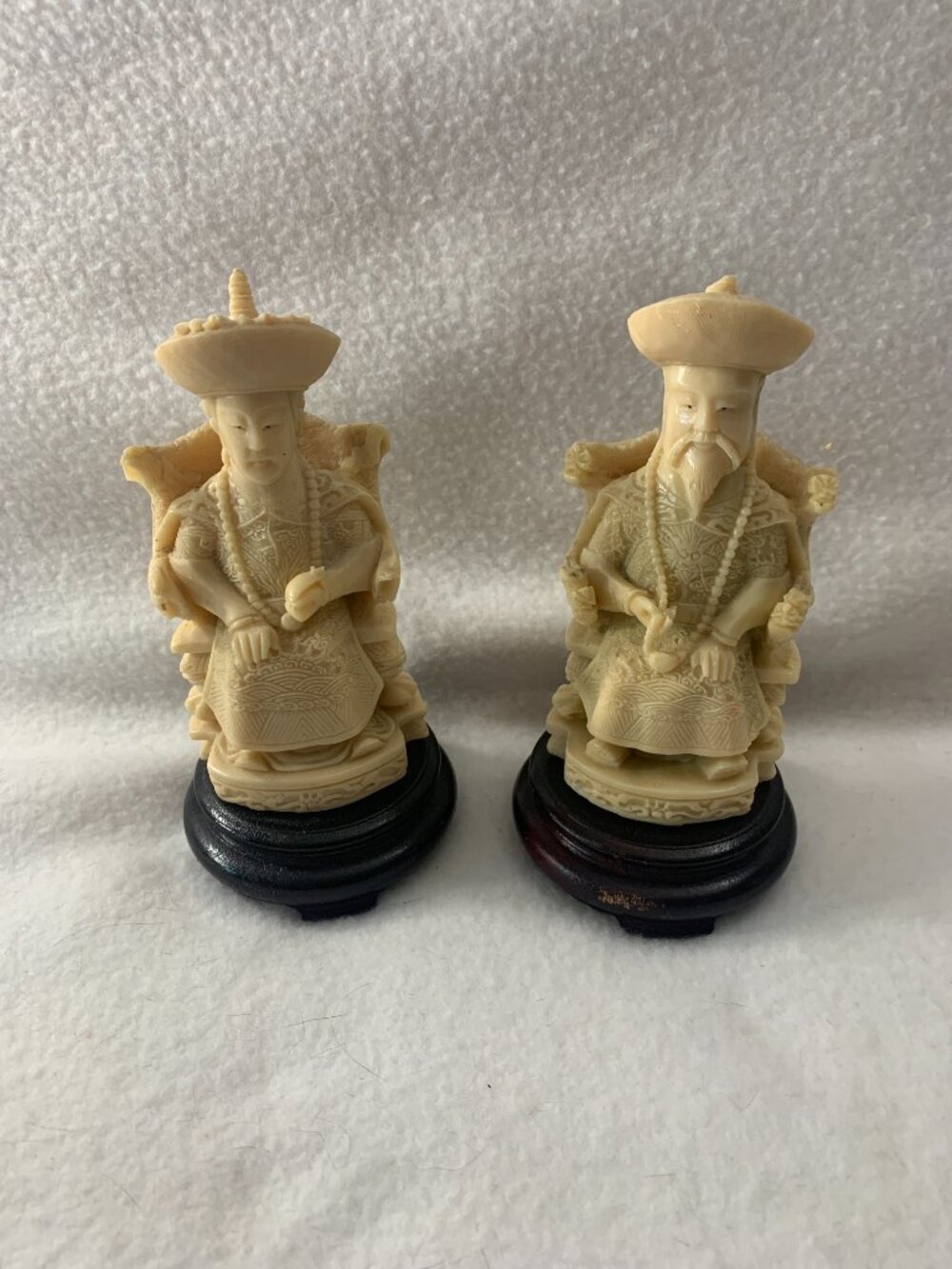 Vintage Pair of Chinese Emperor and Empress Figures White Statues on Wood Bases